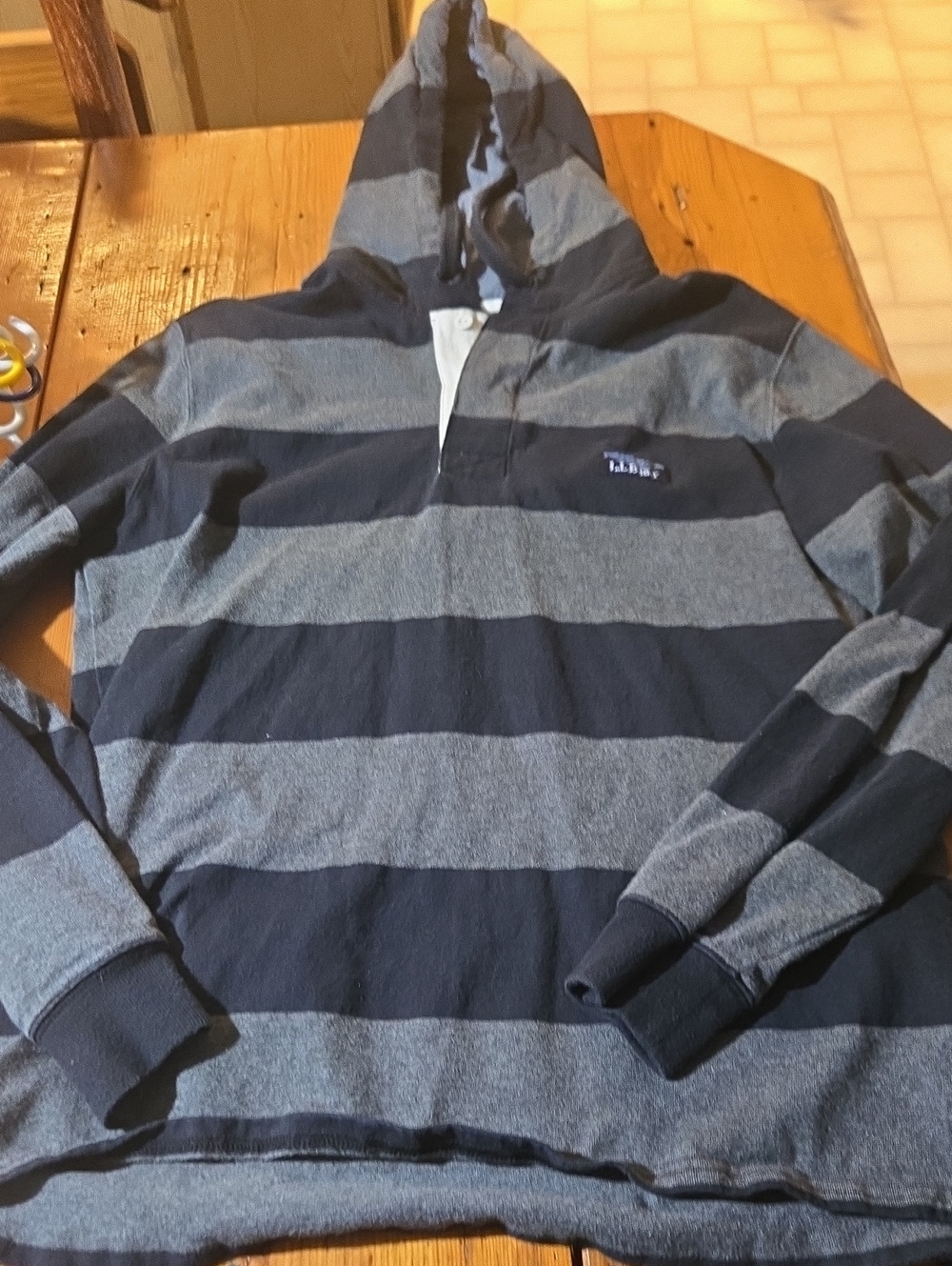L.L. Bean Black And Gray Sz M Reg Fit Rugby Striped Pullover